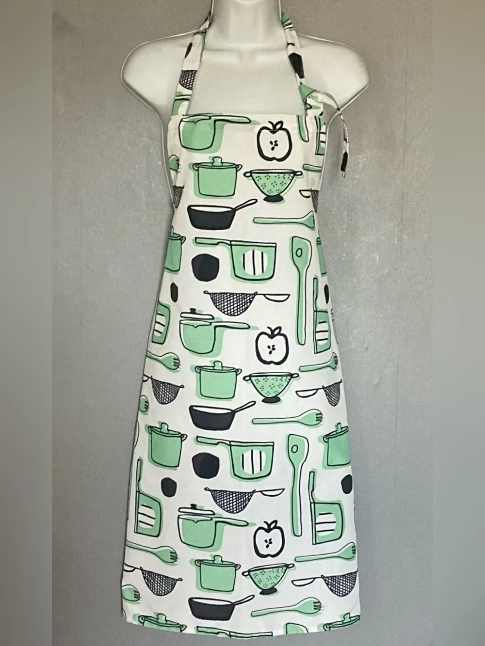 Kitchen Apron in Green Cookware Pattern - White Background